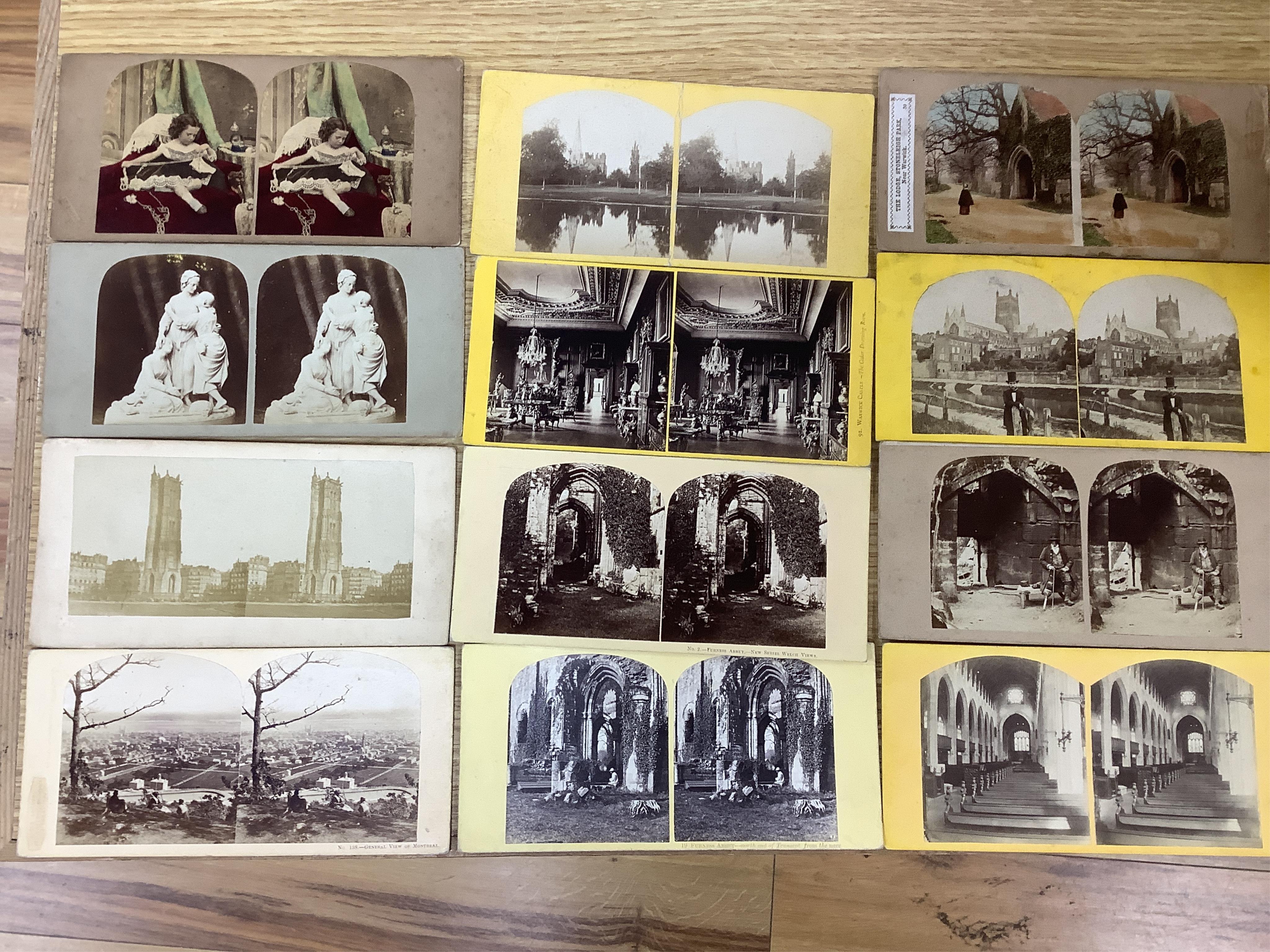 A late 19th century cased stereoscopic viewer together with topographical and other cards. Condition - fair